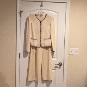 Cream Two-Piece Suit with Black Trim
